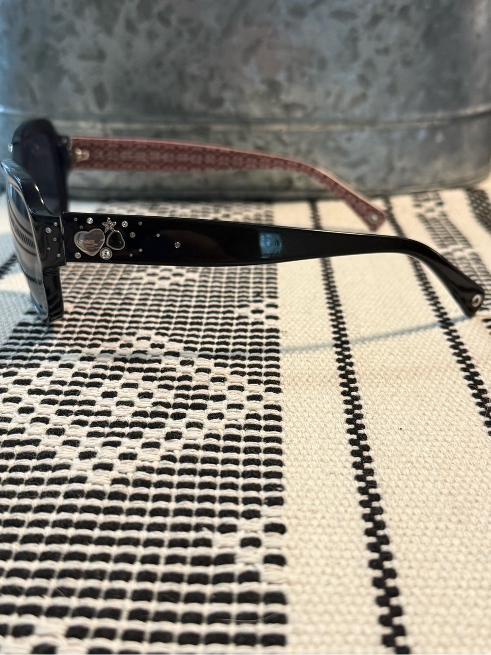 Coach Black Sunglasses with Pink Patterned Temples and Crystal Accents